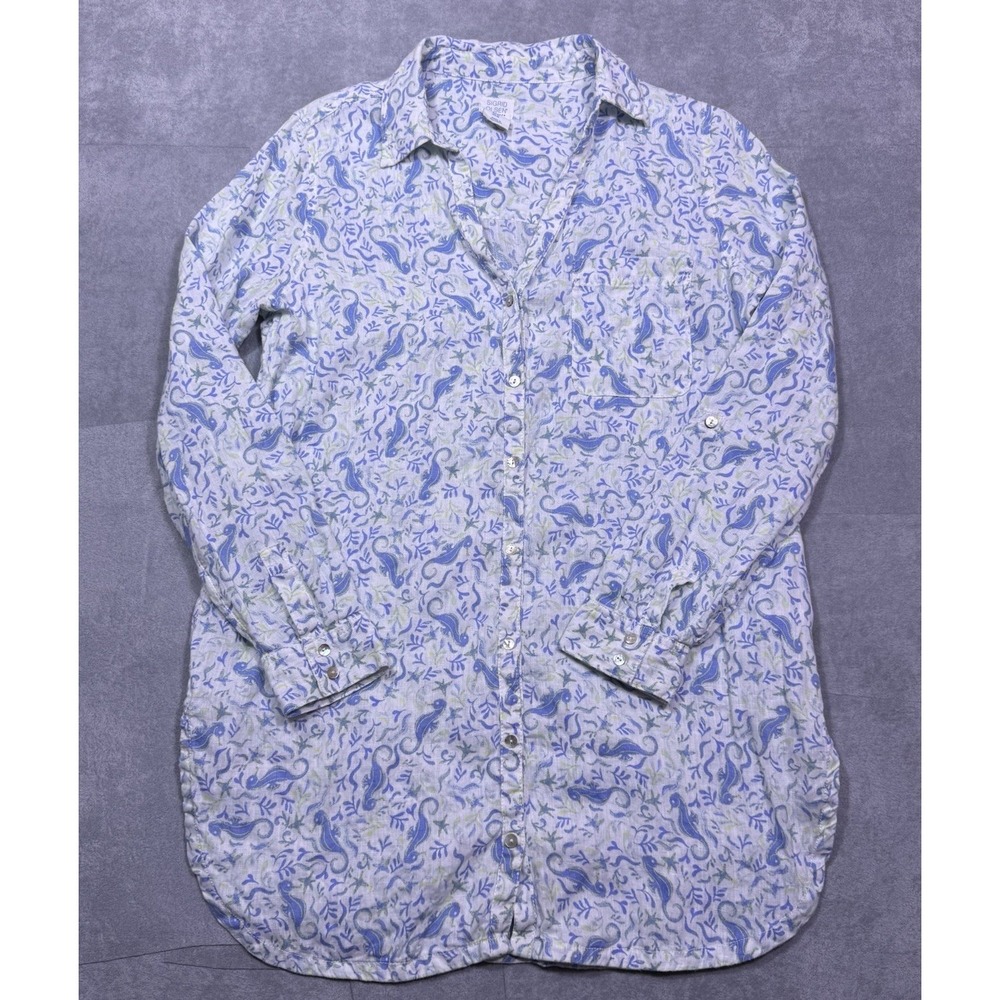 Sigrid Olsen Shirt Womens M Linen Tunic Blue Bird Floral Boho Relaxed Normcore